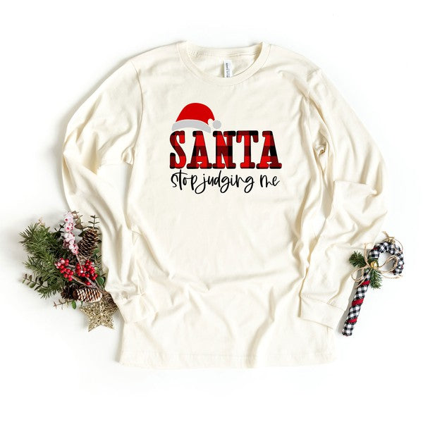 Santa Stop Judging Me Plaid Long Sleeve Tee - Arianna's Kloset