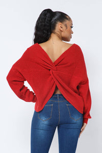 Twist Open Back Loose Fit V Neck Long Sleeve Cozy Sweater - Arianna's Kloset