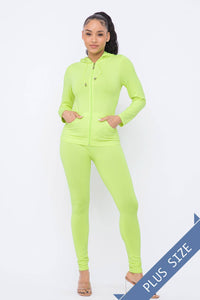 Neon Lime Plus Size Seamless Zip Up Hoodie Jacket And Leggings Set - Arianna's Kloset