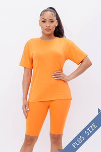 Orange Round Neck Basic T-Shirts Top and Bike Shorts Set PLUS - Arianna's Kloset