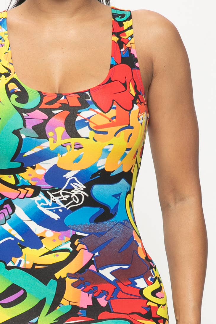 Graffiti Print Bodycon Tank Midi Dress - Arianna's Kloset