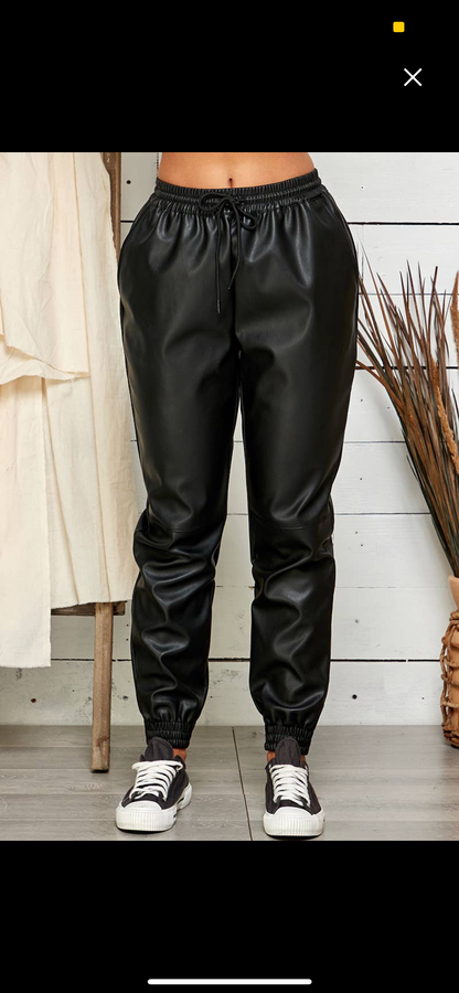 Black Faux Leather Jogger  with Elastic waist and Hem - Arianna's Kloset